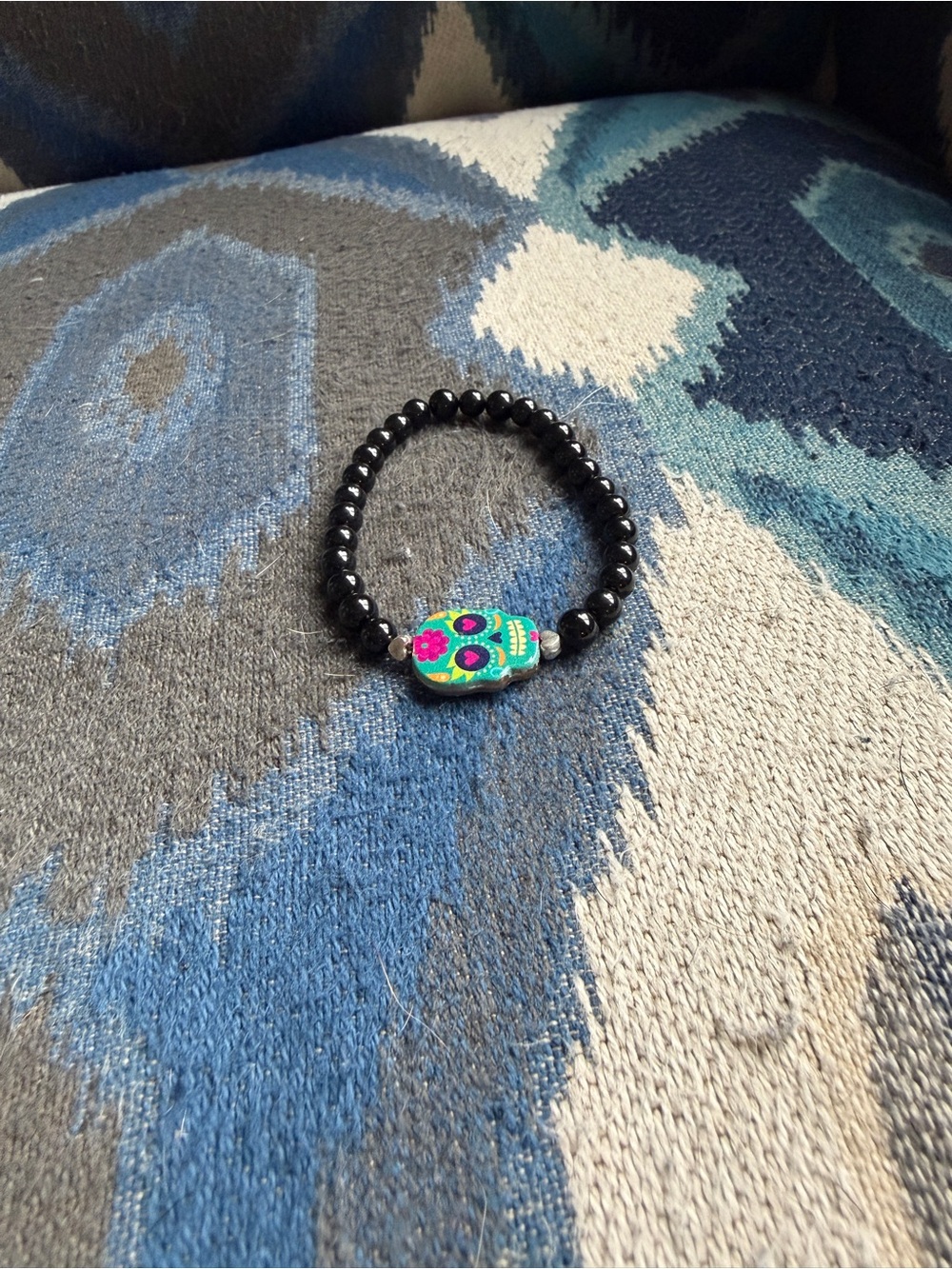 Black Beaded Bracelet with Colorful Sugar Skull Accent
